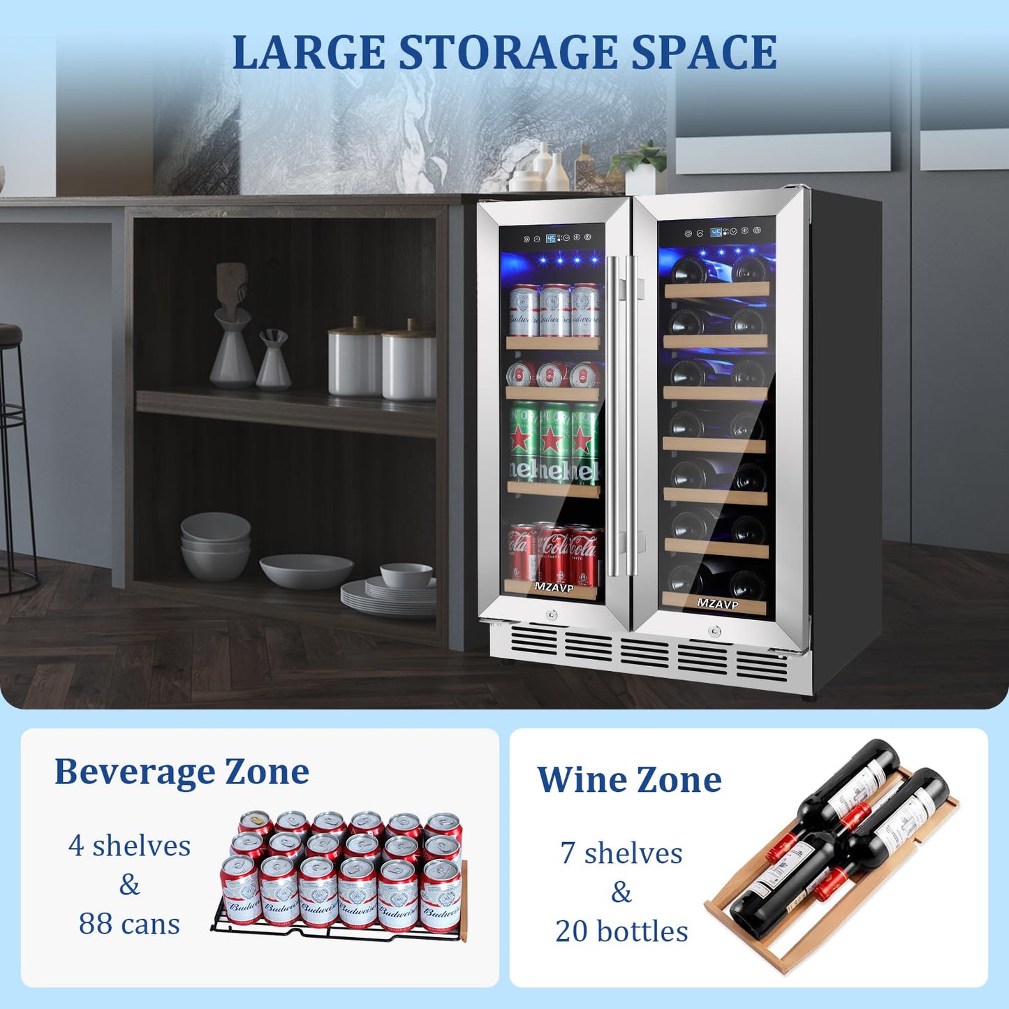 MZAVP 24 Inch Wine and Beverage Refrigerator, Dual Zone Beverage Cooler with Glass Door, Built-In or Freestanding Wine Fridge with Fast Cooling, 20 Bottles and 88 Cans Large Capacity