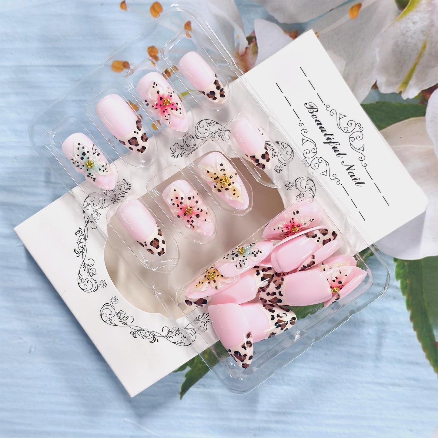 TBRZTR 30Pcs Flower Press on Nails Medium Artificial Almond Acrylic Fake Nails French Leopard Print 3D Floral with Gold Beads Stick on Nail Full Cover Reusable Coffin Artificial Fingernails for Women