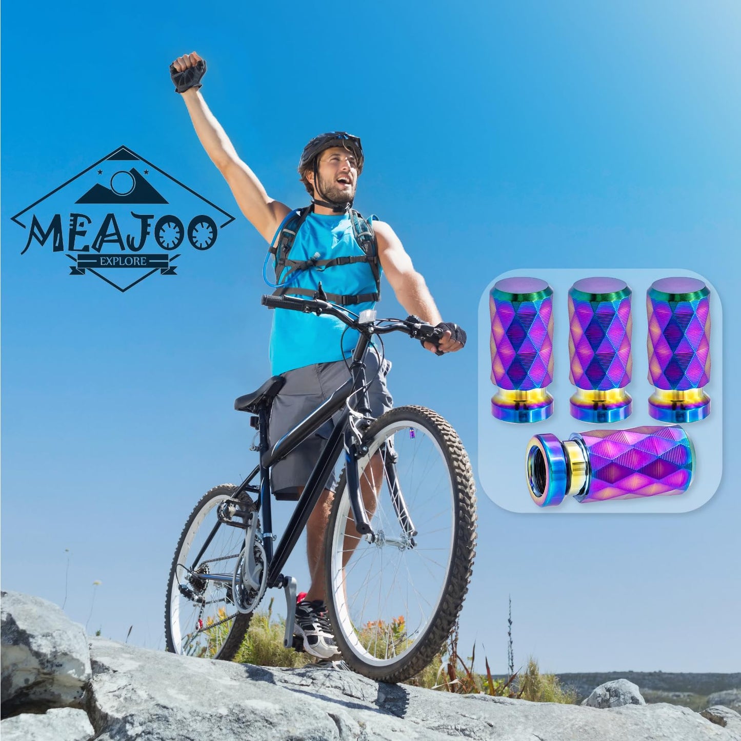 MEAJOO 4PCS Colorful Car Tire Valve Stem Cap, Leak-Proof Tyre Air Valve Caps, Aluminum Alloy Air Leakproof Valve Caps Cover fits Cars, Trucks, Bikes, Motorcycles, Bicycles Tire Caps