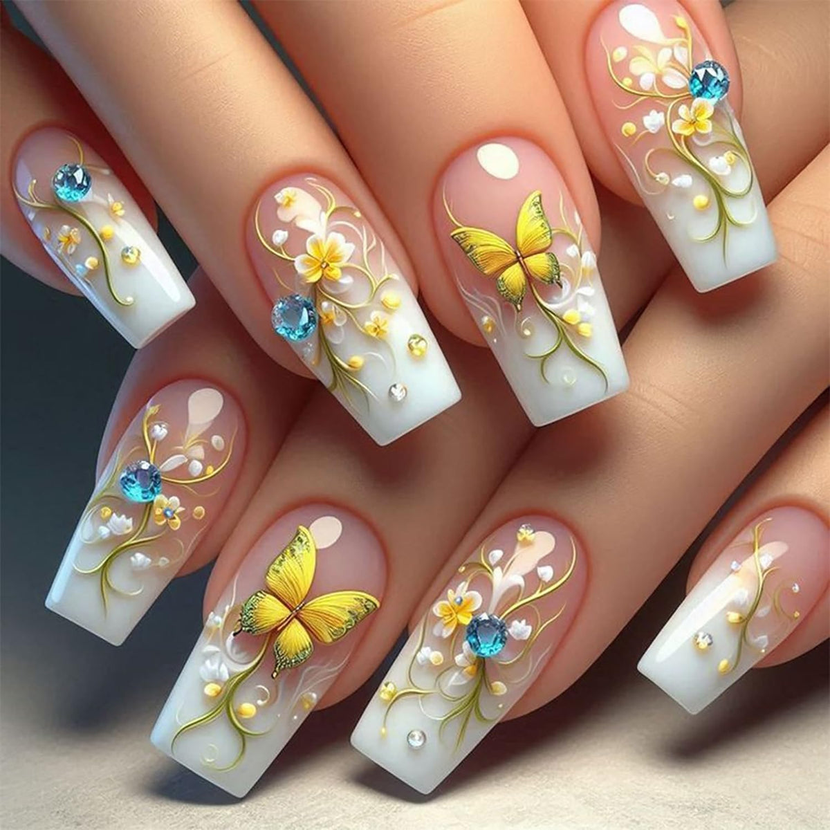 EYZOTSF Press on Nails Medium Square Shaped Acrylic Medium Square Shaped False Nails with Designs Artificial Short Coffin Fake Nails with Charms Glue ons Fingernails for Women Girls(CZ466)