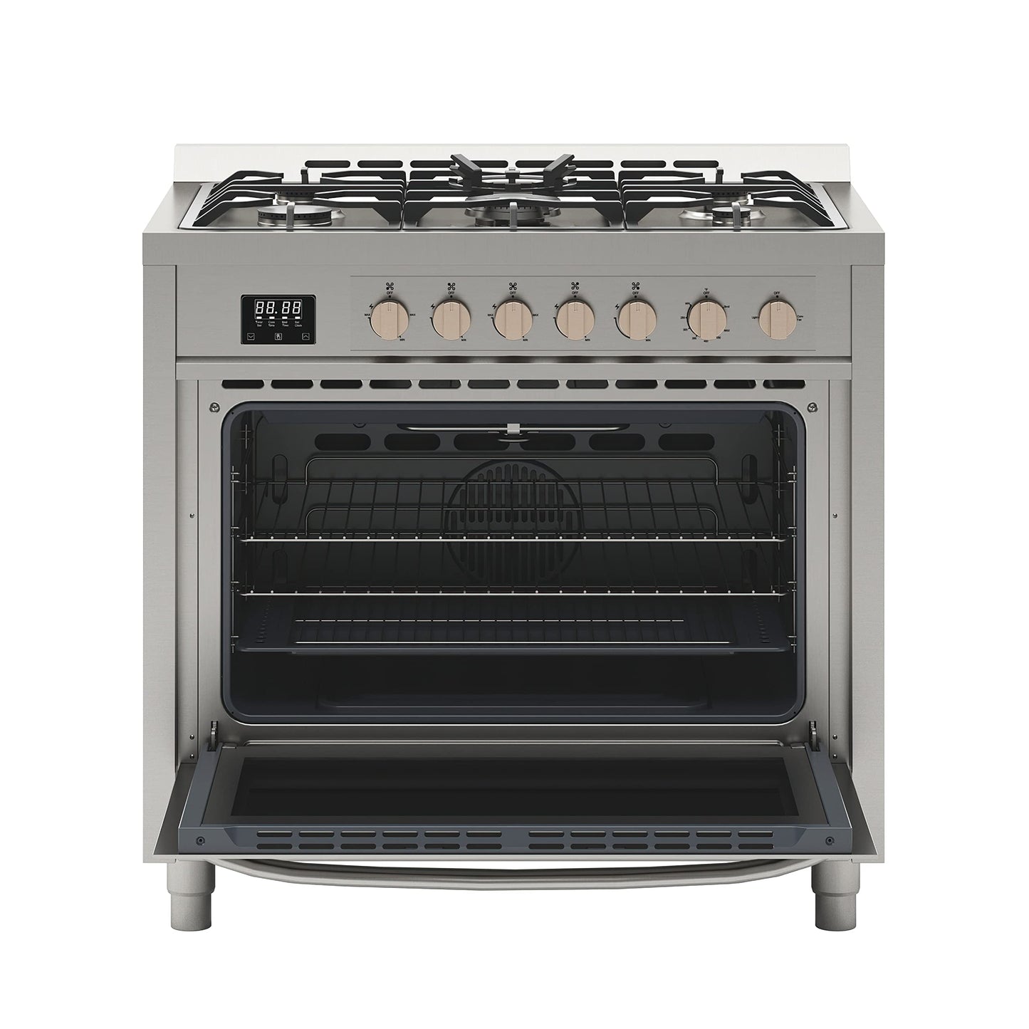 KoolMore 36” Inch Professional Gas Range Stove with 5 Burner Cooktop, Rapid Convection Oven, and Digital Timer with Heavy-Duty Cast Iron Grates, Stainless-Steel Appliance (KM-FR36GL-SS), Silver