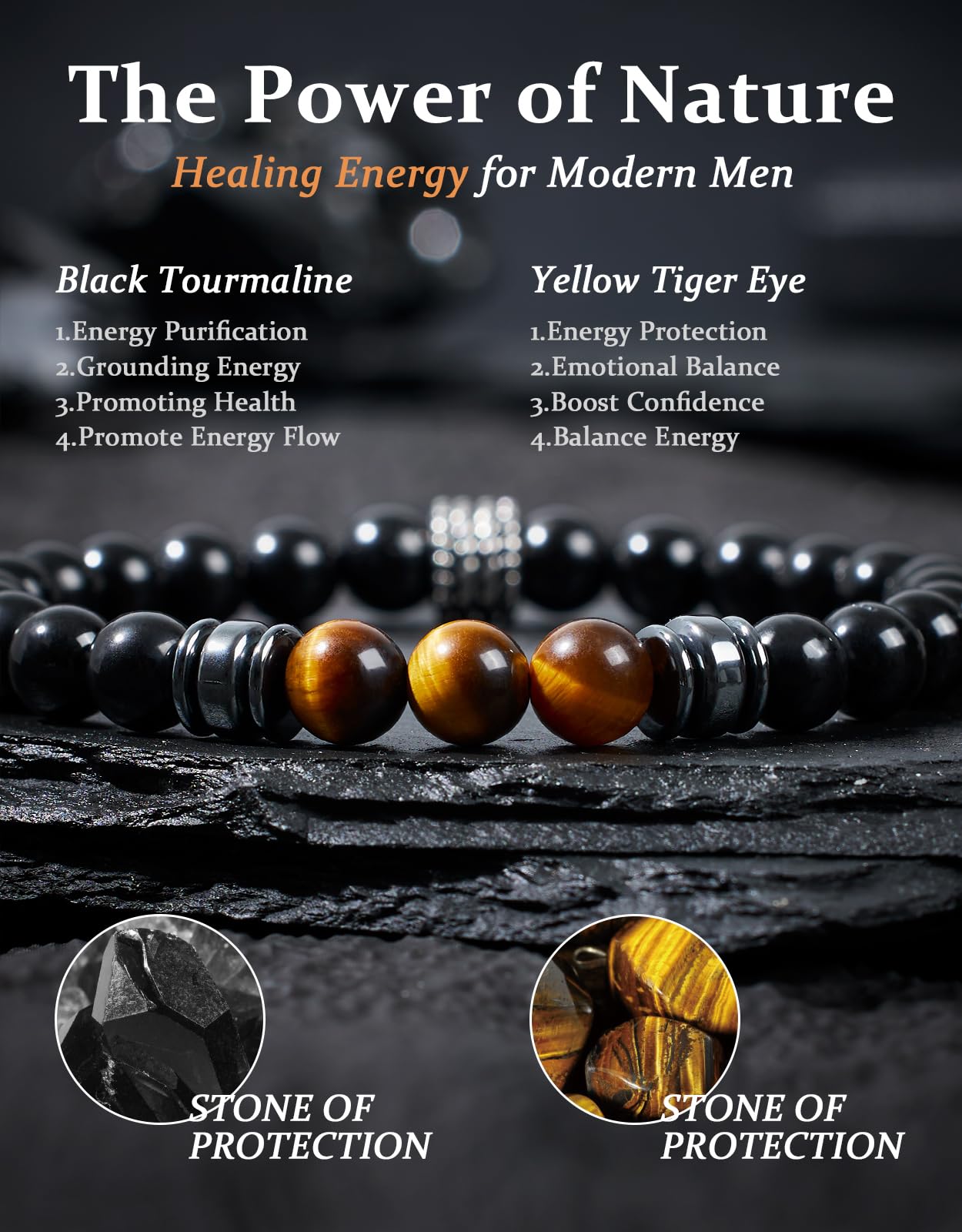 Landorilo Gifts for Men, 8mm Natural Stone Beaded Bracelets, Black Tourmaline & Tiger's Eye Healing Bracelet, Handmade Mens Jewelry Gift for Him, Husband, Son, Father, Friend(To My Son-8.3in)