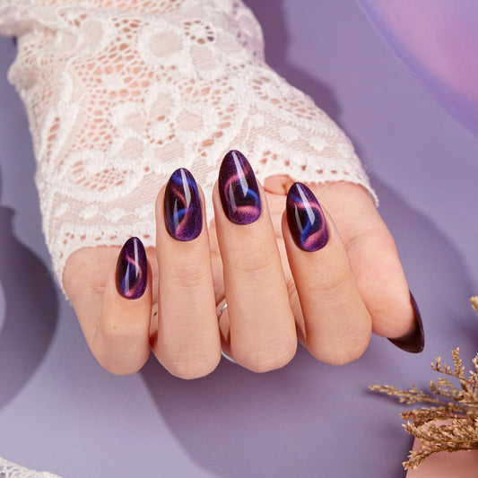 VSALON Press on Nails Short Almond - Cat Eye Fake Nails Dark Purpule Blue Sparkle Ribbon Nails, Reusable Spring Summer Opaque Gel Swirl Glue on Nails with Glue & Cuticle Oil - 32 PCS in 16 Sizes