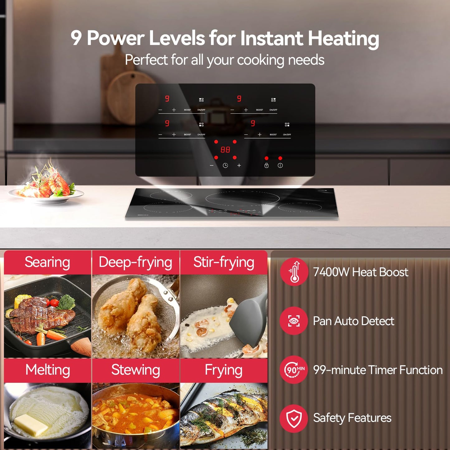 30 Inch Induction Cooktop 7400W, TECASA Built-in Induction Stovetop with 4 Boost Burner, Timer & Child Safety Lock, 9 Heating Level, Sensor Touch Control, 240V, Drop-in Electric Stove Top