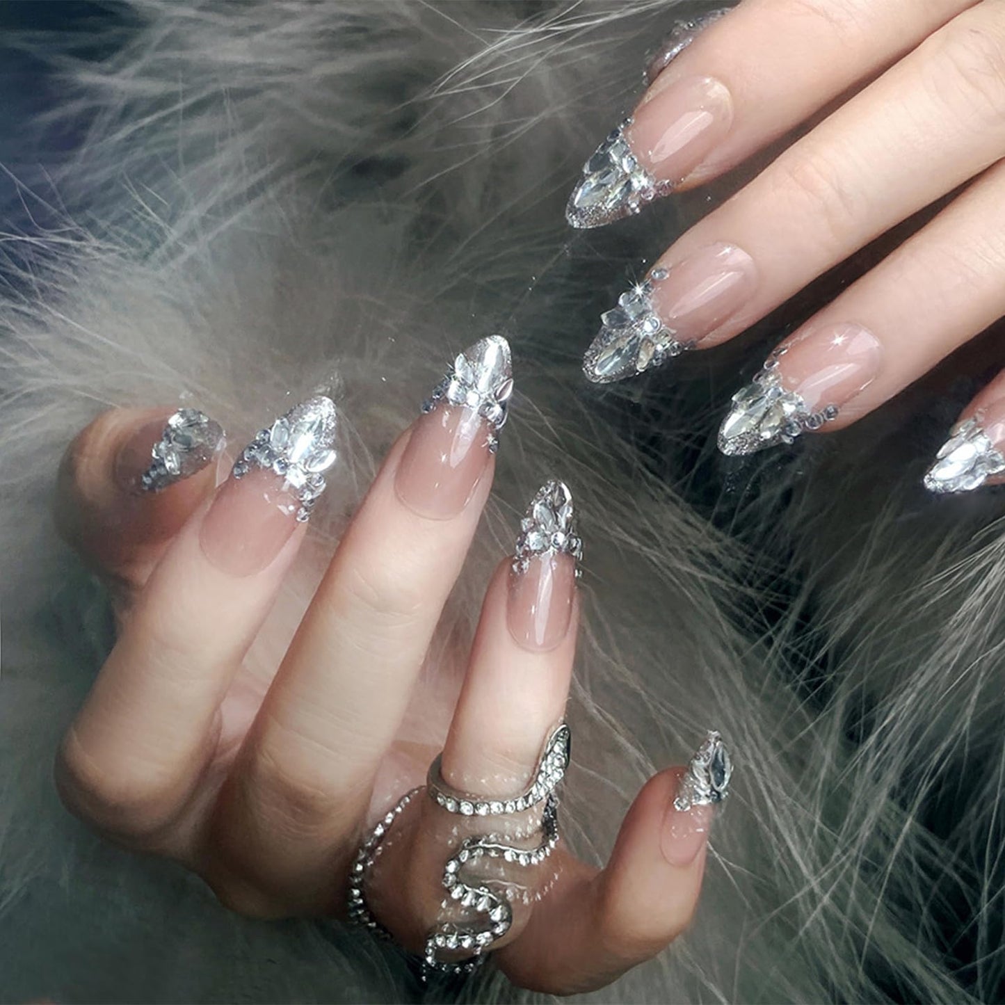 IMRAIN Medium Almond Silver Glitter French Tips False Nails with Rhinestone Designs - Glossy Full Cover Glue on Artificial Stiletto Nude Nails for Women Girls - 24 Pcs