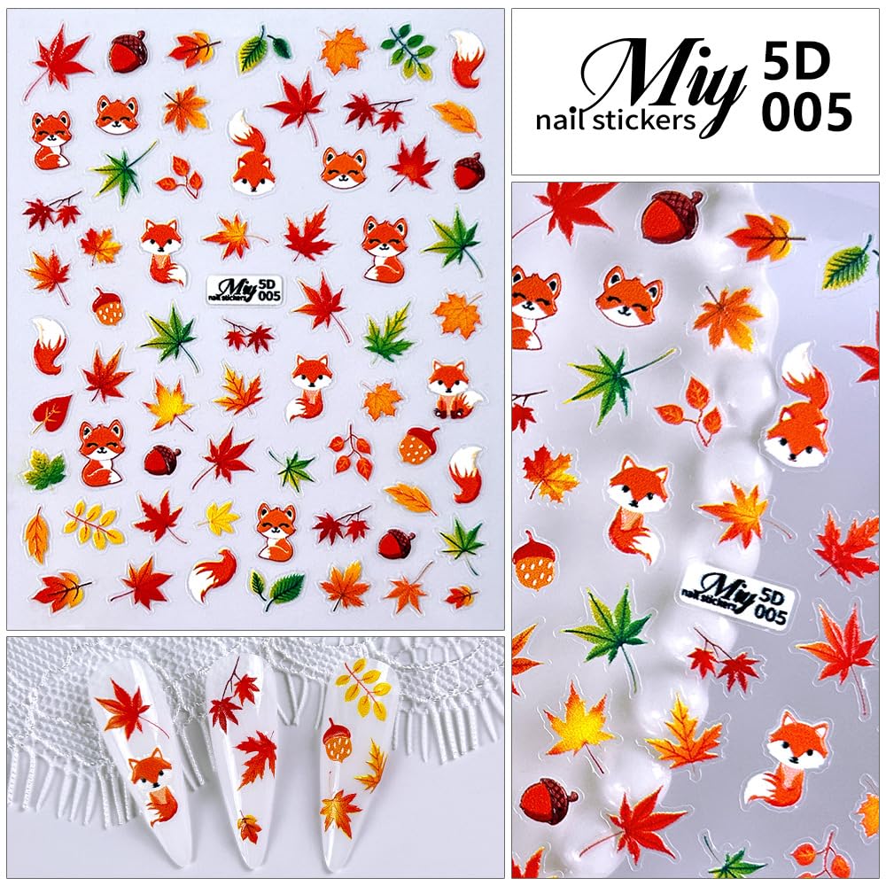 Fall Nail Art Stickers - 5D Miniature Sculpture Fall Pumpkin Nail Decals - 2PCS Manicure Maple Leaves Squirrel Mushroom Nail Art Supplies Autumn Acrylic Nail Art Decoration for Women
