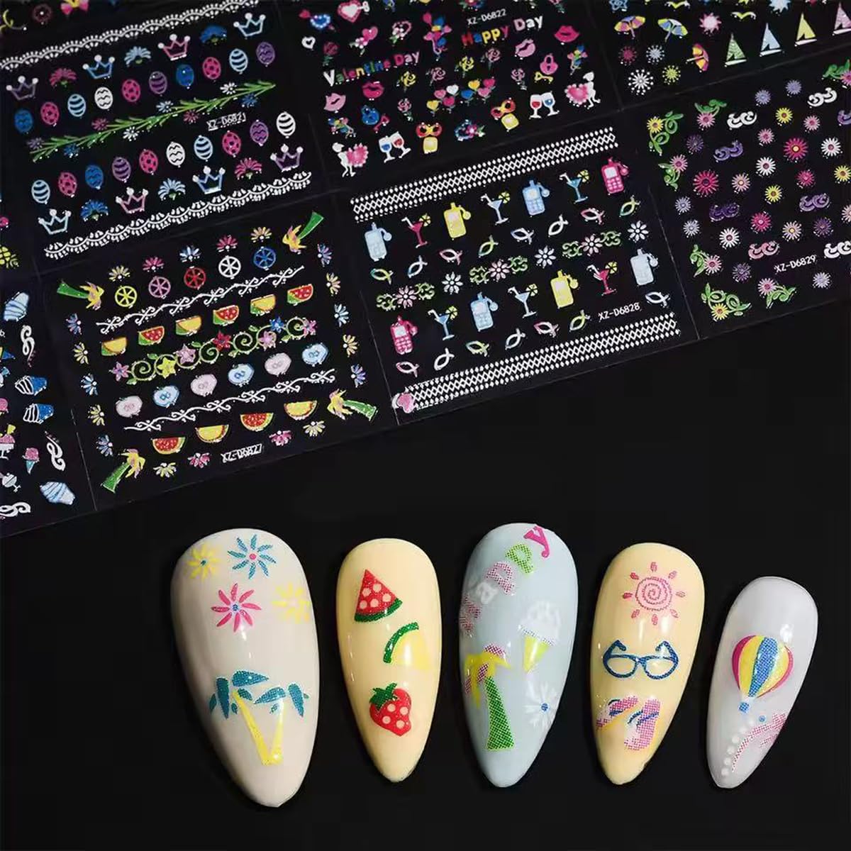 30 Sheets Summer Nail Stickers for Nail Art Beach 3D Self-Adhesive Sea Wave Nail Decals Flower Butterfly Design Watermelon Nail Art for Women DIY Manicure Decorations Supplies