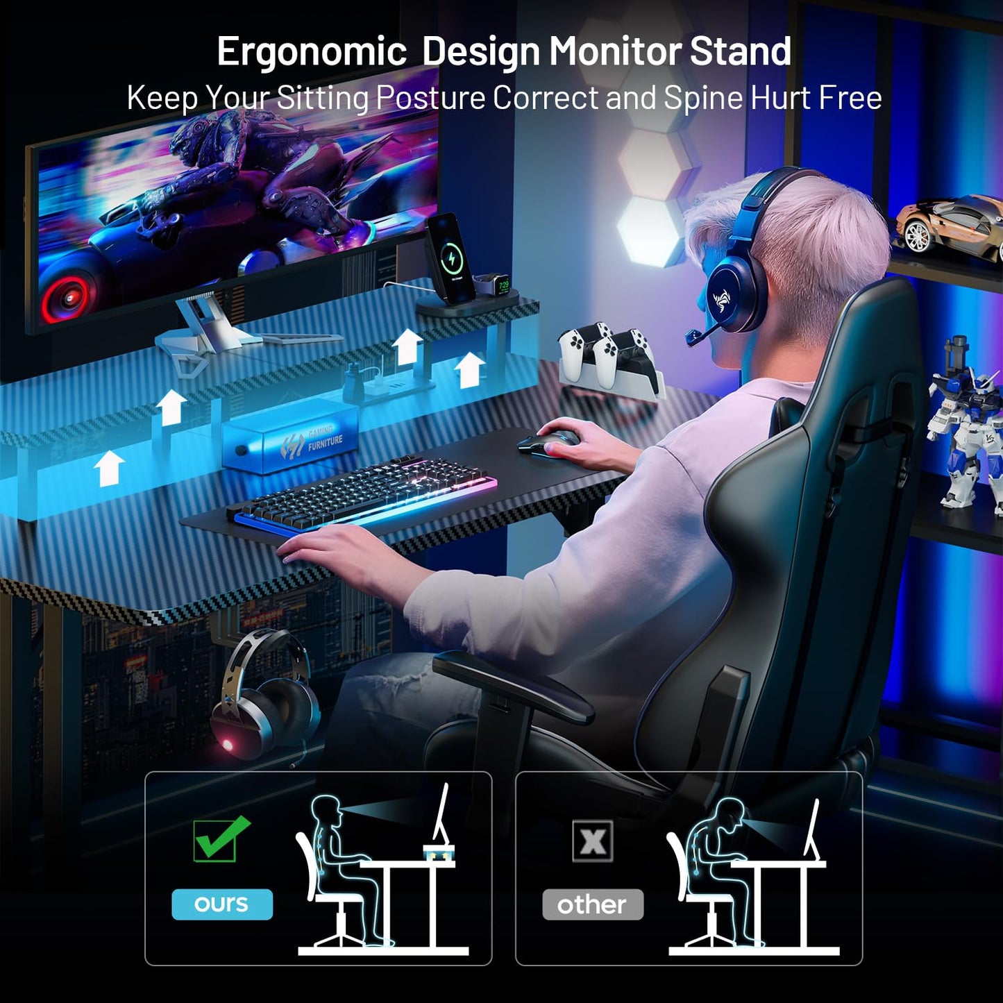HLDIRECT 47 Inch Gaming Desk with 5 Sockets & LED Lights, Computer Gamer Desk with Monitor Stand, Ergonomic Carbon Fiber Gaming Table Home Office Desk with Cup Holder, Headphone Hook & Mouse Pad