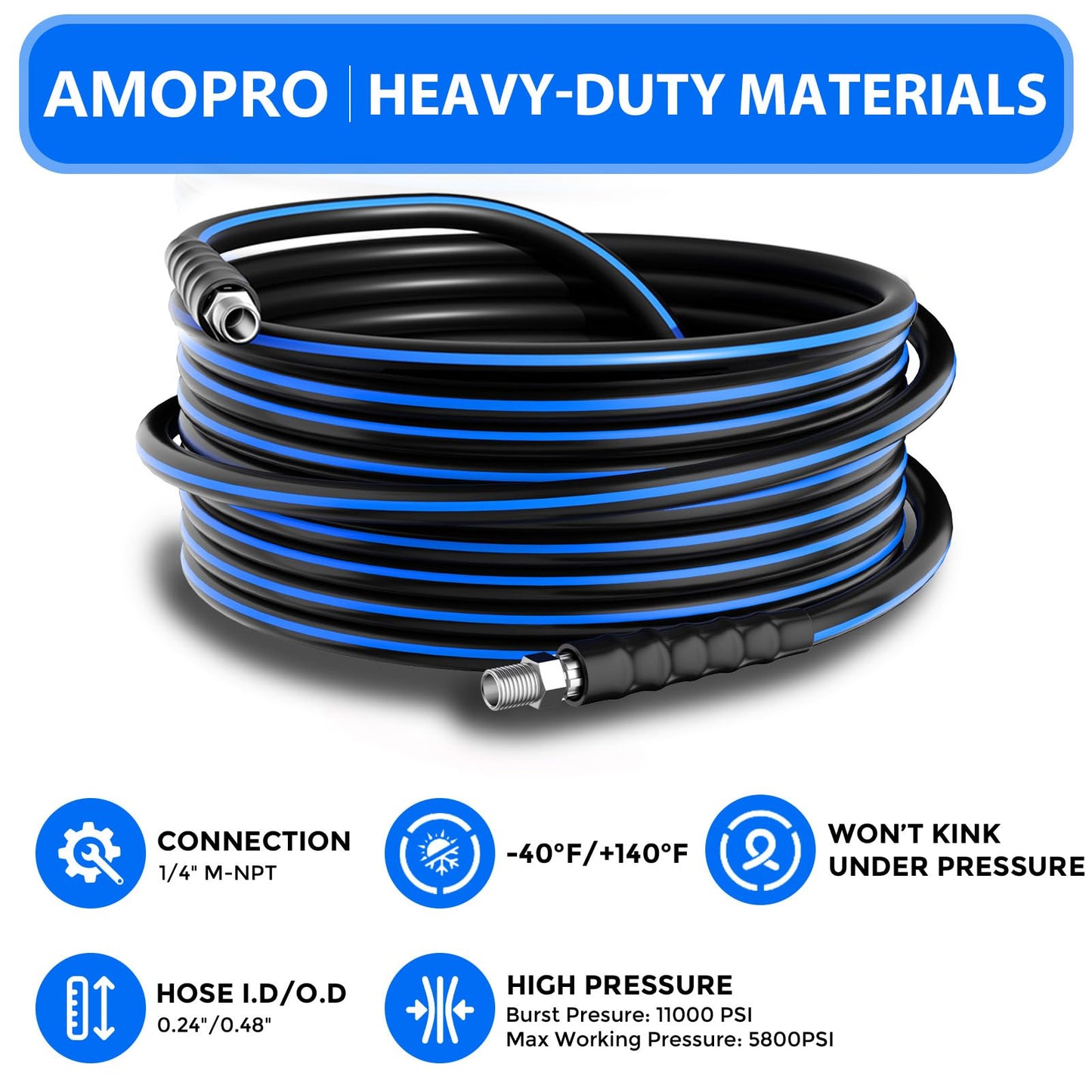 AMOPRO Sewer Jetter Kit for Pressure Washer, 5800PSI Drain Cleaner Hose 1/4 Inch NPT Corner Rotating and Button Nose Sewer Jetting Nozzle Spanner Watertight Tape Pearl Corsage Pin Handle Strap (50FT)