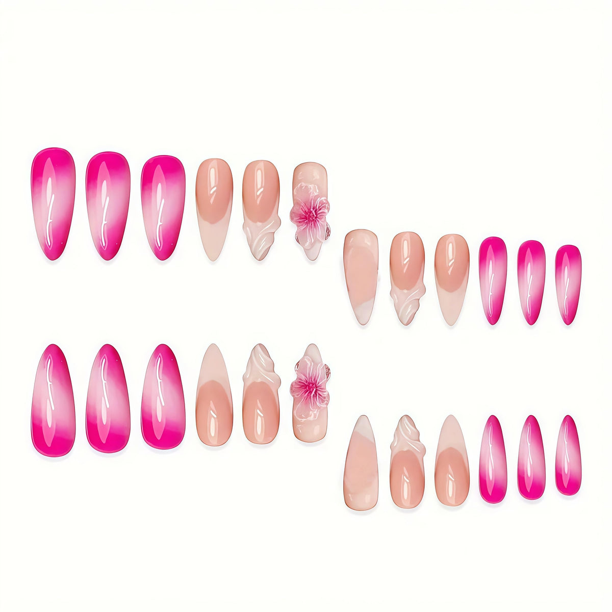 Long Press on Nails Almond Fake Nails Pink Acrylic Nail Press Ons Seeneey 3D Flowers Ombre Stick on Nail for Women 24pcs