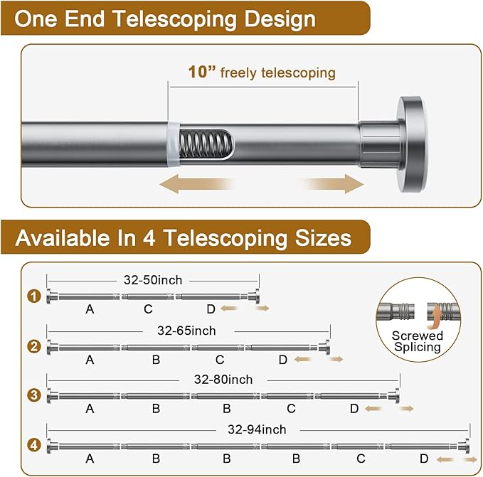 Ausemku Shower Curtain Rod 32-80 Inch Adjustable - 1 Inch Diameter Heavy Duty No drill Spring Tension Shower Rod, Non-Slip Rustproof Telescopic Rod for Bathroom, Nickel