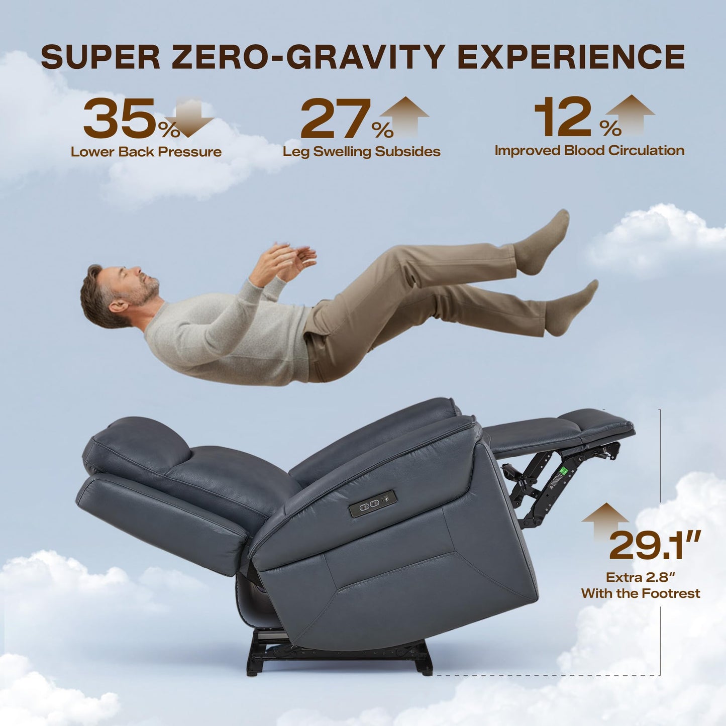 Watson & Whitely Super Zero Gravity Power Recliner Chair with Power Headrest, Genuine Leather Recliner with USB & Type-C Ports, Electric Reclining Sofa Chair for Living Room, Bedroom, Navy Blue