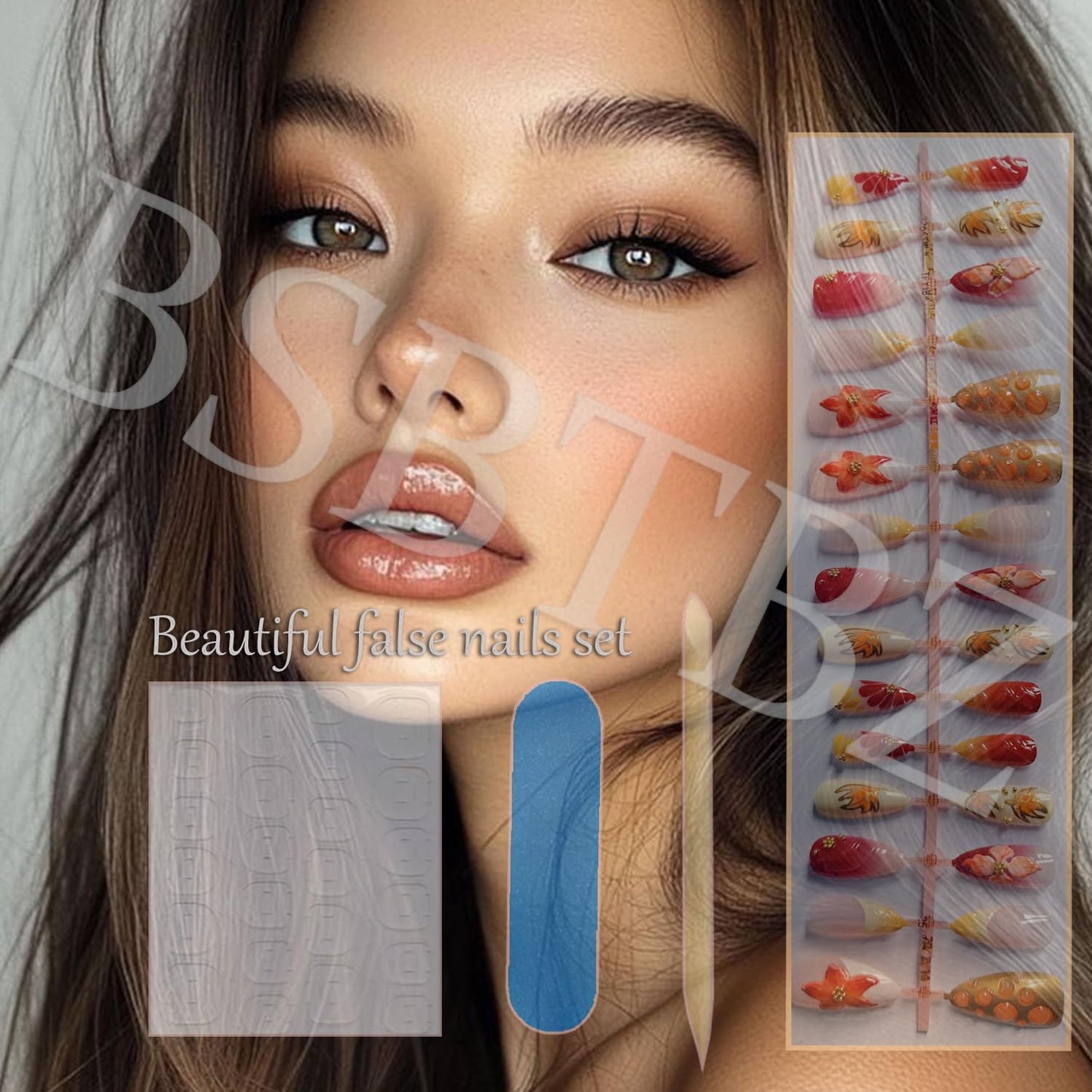 30pcs Fall Maple Leaf Press on Nails Autumn Fake Nail with 3D Floral & Gold Leaves Art in Medium French Nails Handmade Thanksgiving Nail Art for Holiday, Vacation, Birthday Nail Decoration for Women