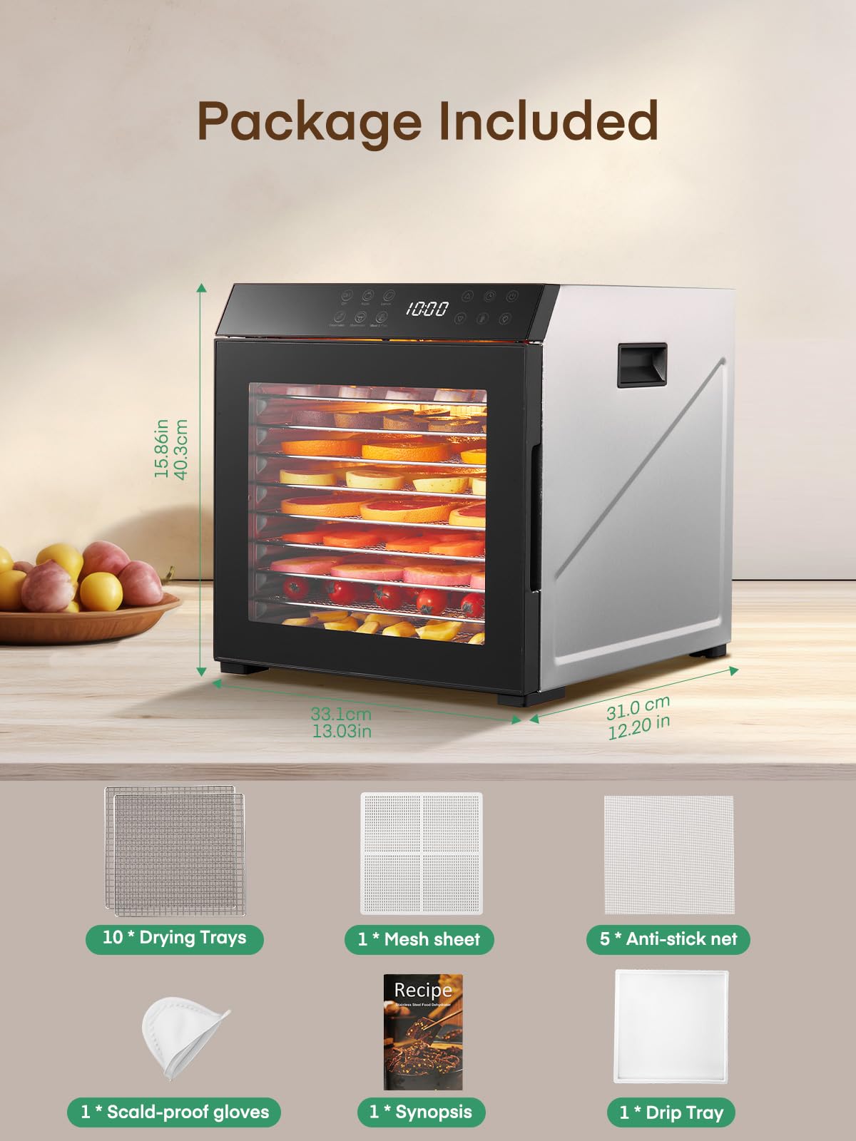 FOHERE Food Dehydrator for Jerky 1000W, 10 Trays With Large 9.04ft² Drying Space,176°F Temperature Control, Digital Adjustable Timer, Light, Dryer Machine for Dog Treats,Herbs, Meat, Fruit, and Yogurt