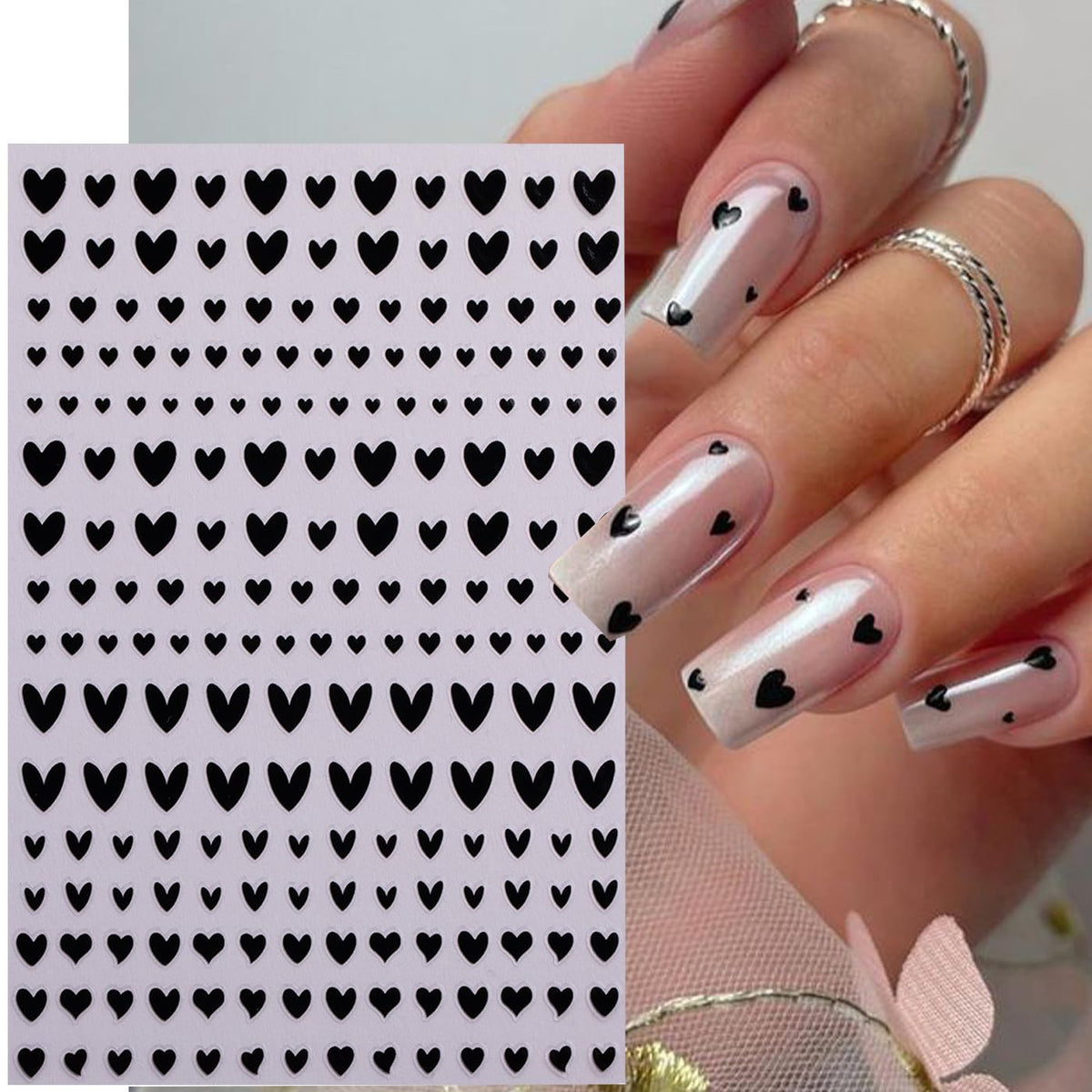 Heart Nail Stickers Decals for Nail Art, 6Sheets 3D Self Adhesive Hearts Nail Art Stickers for Women Gold Black White Red Heart Love Patterns Elegant Design DIY Valentines Manicure Accessories