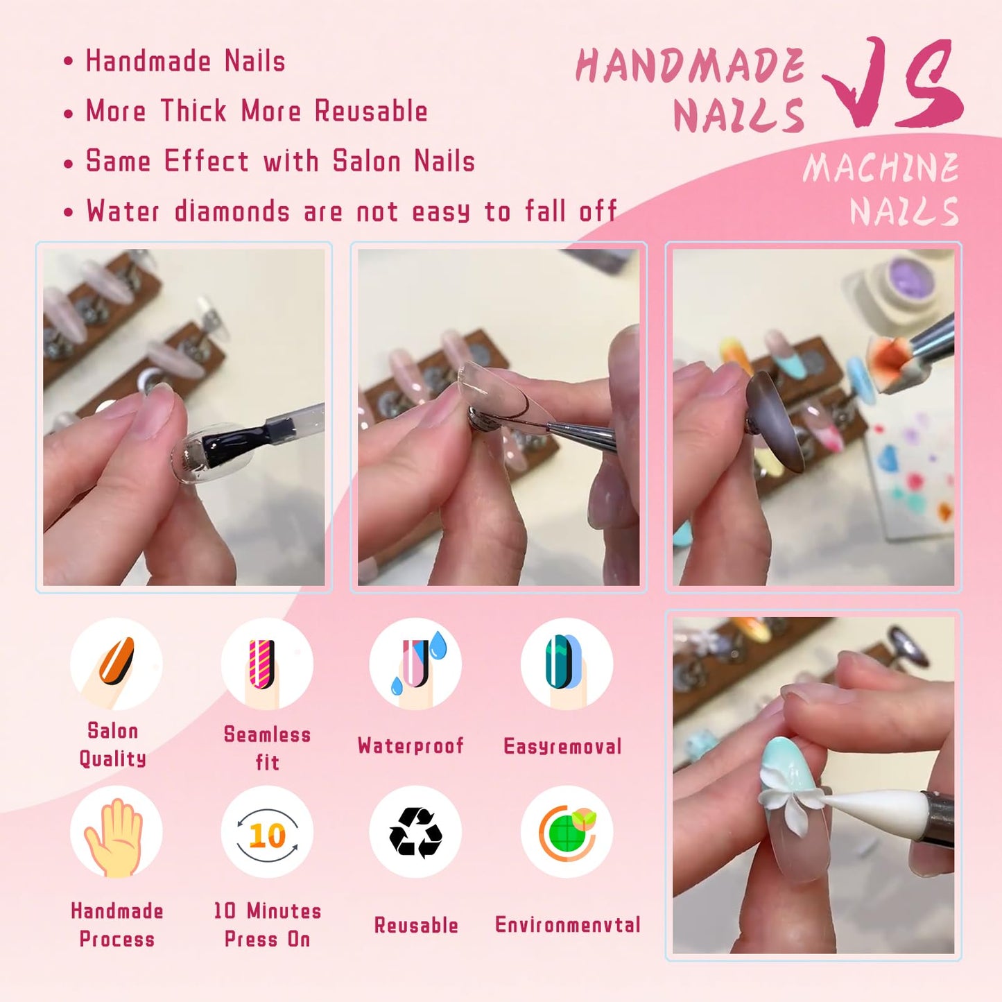 Handmade Press on Nails Summer Sea 3D Ocean Shell False Nails for Girls Reusable Beach Design Medium Almond Stick on Nails Floral Acrylic Fake Nails for Vacation