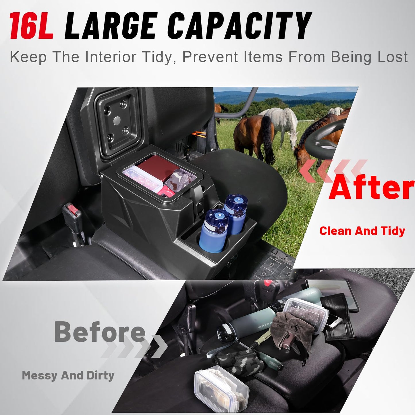StarknightMT UTV Center Console Armrest Box with Cup Holders, Universal Fit Bench Seat Storage Compatible with Ranger 1000/ XP, Uforce 1000/XL, Defender HD5/7/8/9/10, Mule, Pioneer 700 1000