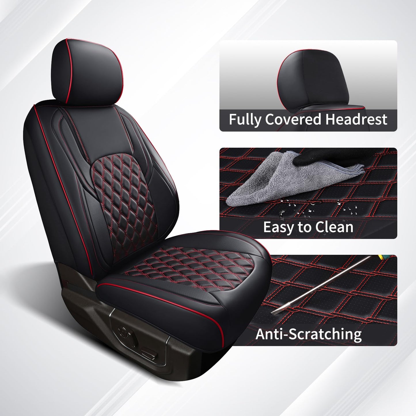 Huidasource Wrangler JK Seat Cover 4 Door, Leather Custom Car Seat Covers, Front&Rear Seat Cushion Protector Fit for Jeep Wrangler JK 4-Door Sahara Sport Rubicon 2007-2017(Full Set/Black&Red)