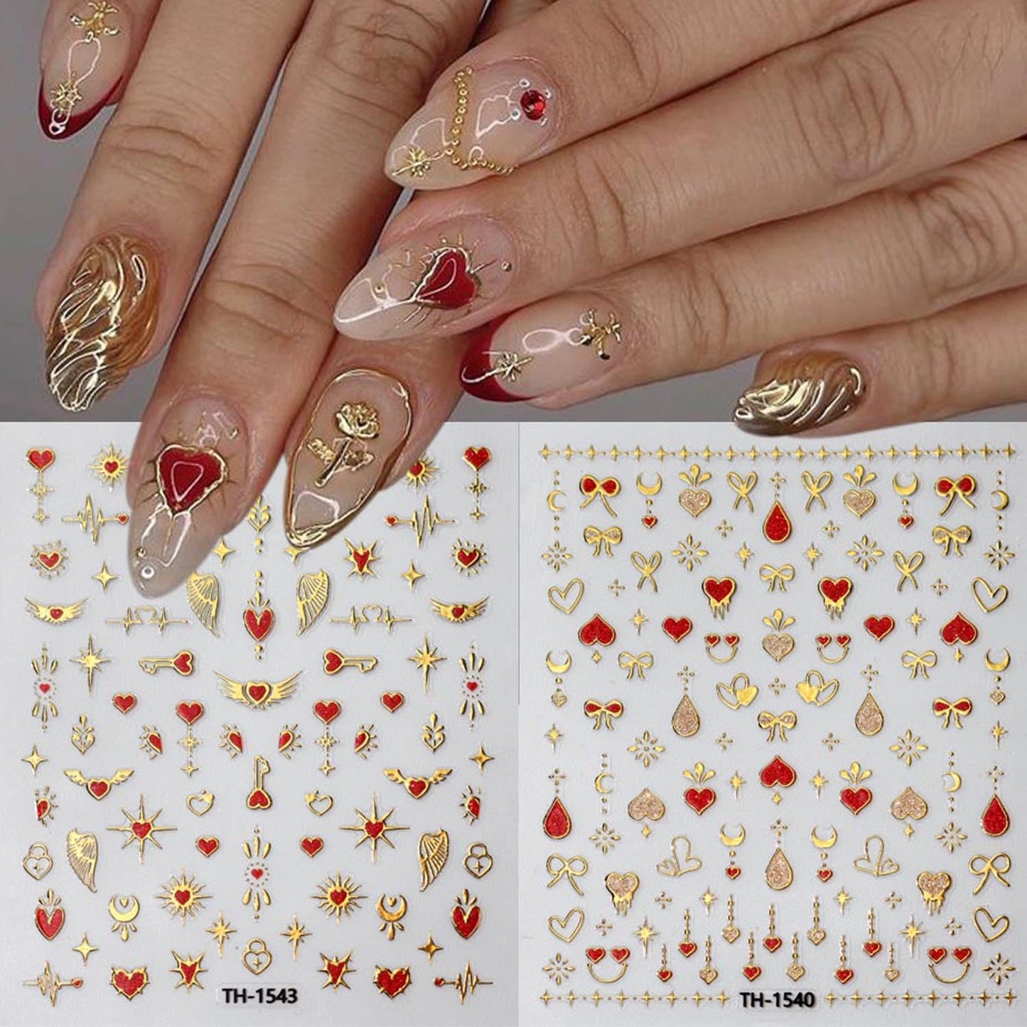 Gold Love Heart Nail Art Stickers Romantic Valentine's Day Red Heart Nail Supplies Love Bow Star Nail Stickers Stars Sun Moon Starlight DIY Transfer Decals Designs Nail Tip French Manicure Decor 3Pcs