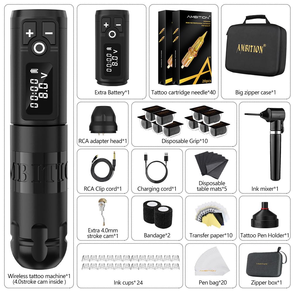 Ambition Soldier Tattoo Kit -Wireless Tattoo Machine Kit Complete with Extra 2400mAh Power 40pcs Cartridge Needles Bandage Gloves Ink Mixer Ink Cup Disposable Handle for Professional Tattoo Artists