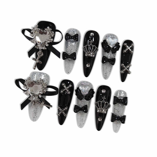Hantyer 10pcs Black Press on Nails with Heart Rhinestones & Silver Charms, Long Stiletto Glossy Dark Edgy Fake Nails, Reusable Gothic Glam False Nails for Women Night Party Valentine's Day (Size S)