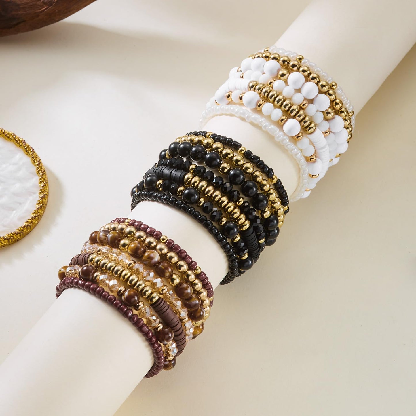 LOTSOF Boho Multilayer Beaded Bracelets Set for Women - Vintage Gold & Brown Stackable Stretch Bracelets, Bohemian Handmade Jewelry for Daily Style & Gifting (Brown)