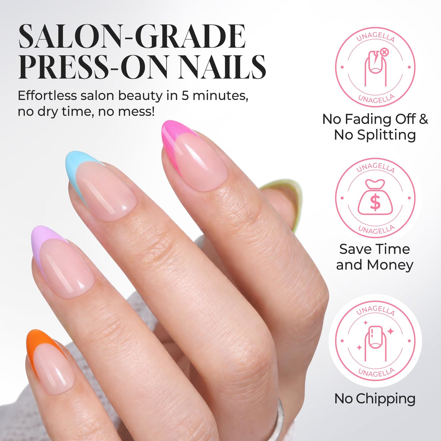UNA GELLA 32Pcs Soft Gel Press on Nails - 16 Sizes Spring Summer French Tip Almond Glue on Nails, Reusable Neon Pastel Rainbow False Nails, Full Cover Acrylic Nail Kit for Women DIY Home Manicure