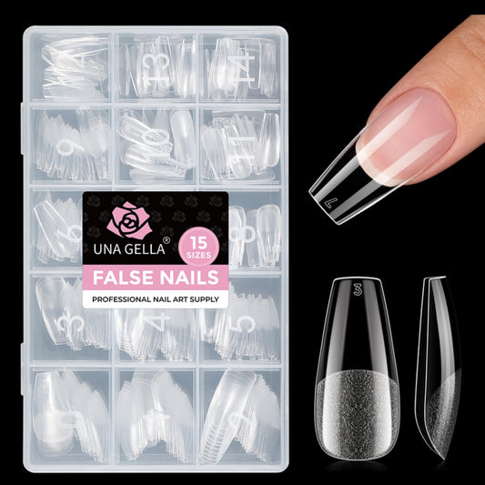 UNA GELLA Coffin Gel Nail Tips Medium 15 Sizes 300PCS Pre-Etched Clear Fake Nail Tips Easy DIY Salon Medium Coffin Press On Nails Snug Fit Full False Acrylic Tips Extensions Long-Lasting Hold