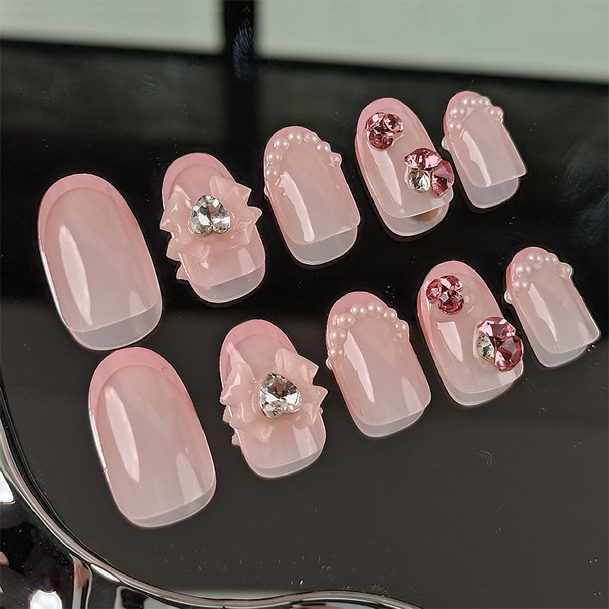 IMSOHOT Oval Press on Nails Pink Short Fake Nails French Tips Acrylic False Nails with Bow Tie Charms Designs Rhinestone Pearl Full Cover Glue on Nails for Women and Girls 24Pcs