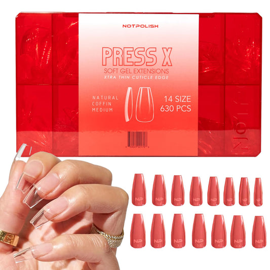 Notpolish PRESS X Soft Gel Nail Extensions - Medium Natural Coffin Shaped Nail Tips for a Flawless Fit - Durable, Break-Resistant Fake Nails - Easy-to-Use Press On Nails - 630 Pcs