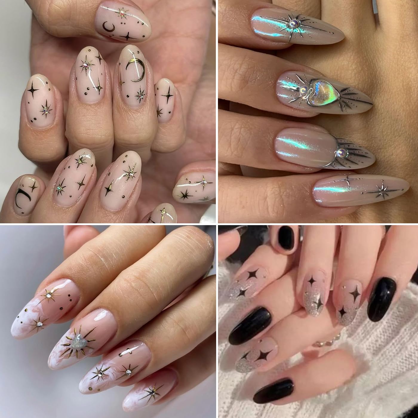 6Pcs Star Nail Sticker for Nail Art 3D Self-Adhesive Nail Decals French Cross Starlight Black White Gold Silver Design Pegatinas Uñas Slider Decal DIY Nail Tips Manicure Decor Supplies for Women