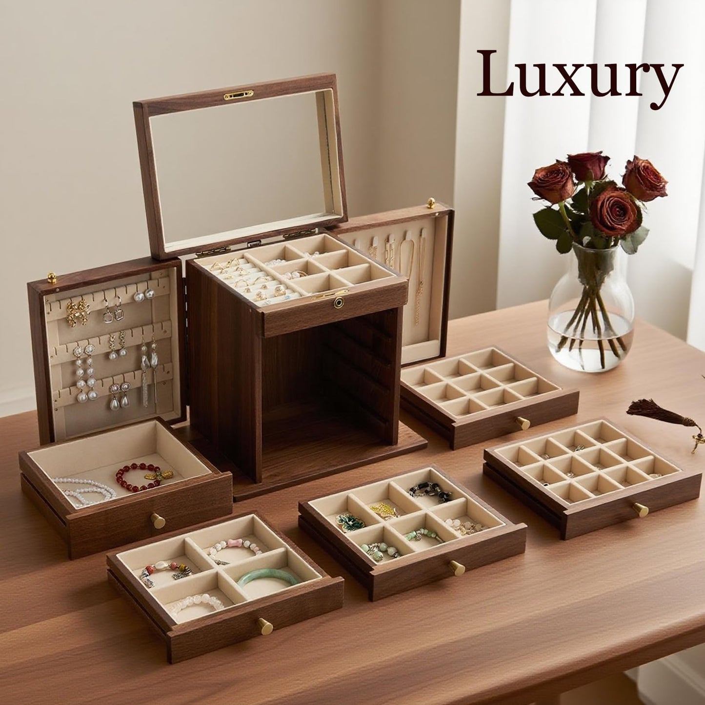 YANSHING 6-Layer Black Walnut Wooden Jewelry Box with Lock and Key, Large Luxury Jewelry Organizer Box for Women, Ideal Christmas Gift for Wife, Mom or Her, Earring & Necklace Storage with Ring Trays