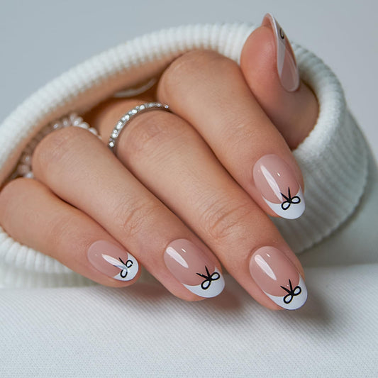 CurvLife Press On Nails Short Oval – 32Pcs Nude Pink French Tip Fake Nails with Bow Design, Soft Gel Glossy Glue On Nails Stick On Nail Tips for Women & Girls