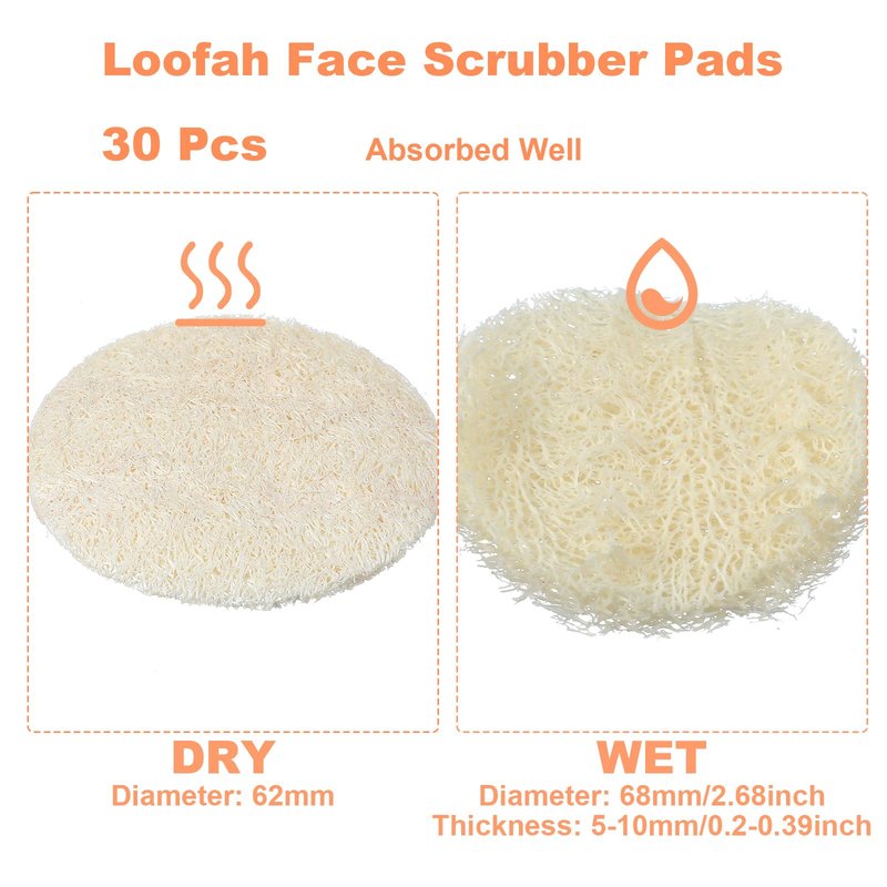 Nogeqi 30 Pcs Natural Loofah Sponge Pads, 2.36 Inch Exfoliating Body Facial Scrub Pads for Makeup & Dead Skin Masks Removal Washing Face, Exfoliator Scrub Brush for Men Women Bath Shower Spa