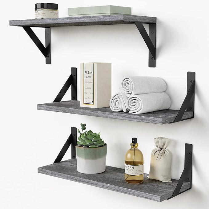 Forbena Grey Floating Shelves for Wall Decor Set of 3, Floating Book Shelves for Bedroom Living Room Classroom Library Office, Wall Mounted Shelf for Kids Room Christmas Decor (Rustic Gray)