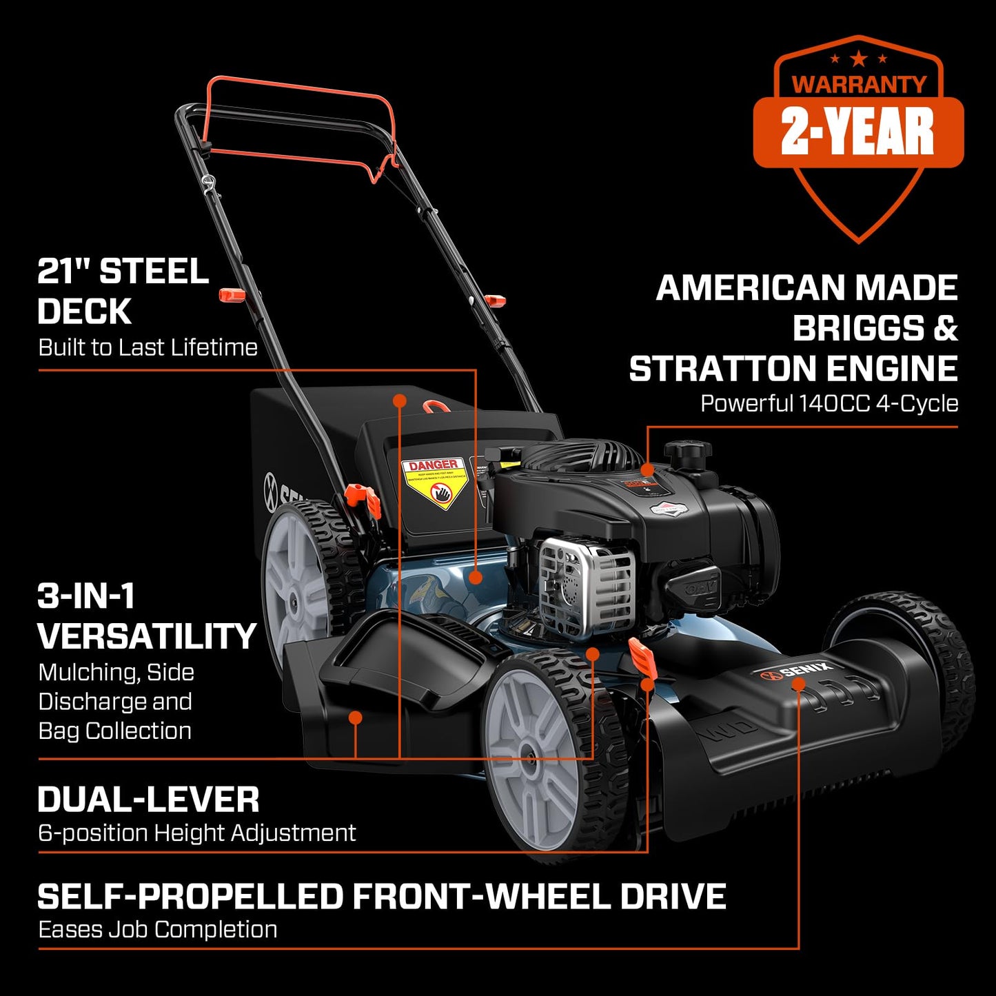 SENIX LSSG-M9 21-inch Gas Self-Propelled Lawn Mower - 140 cc 4-Cycle Briggs & Stratton Engine, Bagging, Mulching, and Side Discharge, 6-Position Lever Height Adjustment