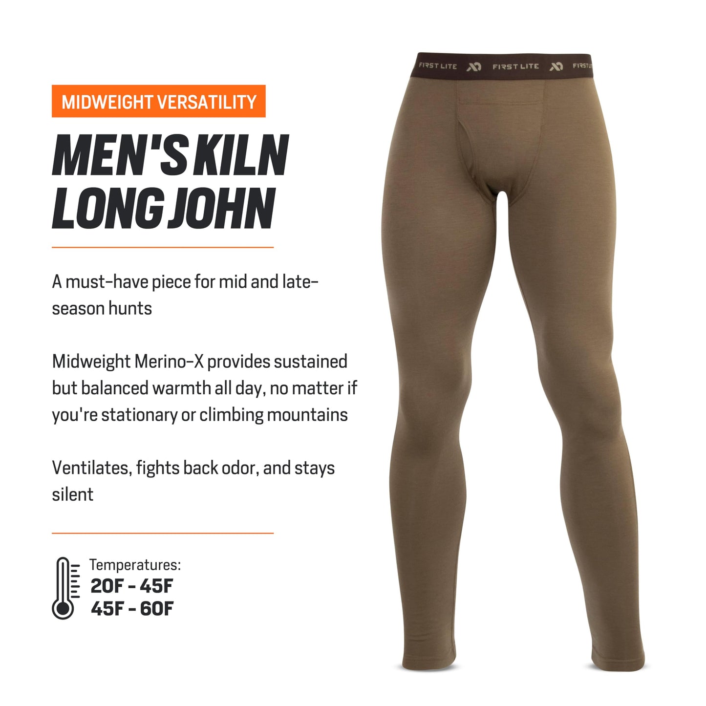 First Lite Men's Kiln Long John - Midweight Merino Wool Hunting Base Layer - Dry Earth - XX-Large