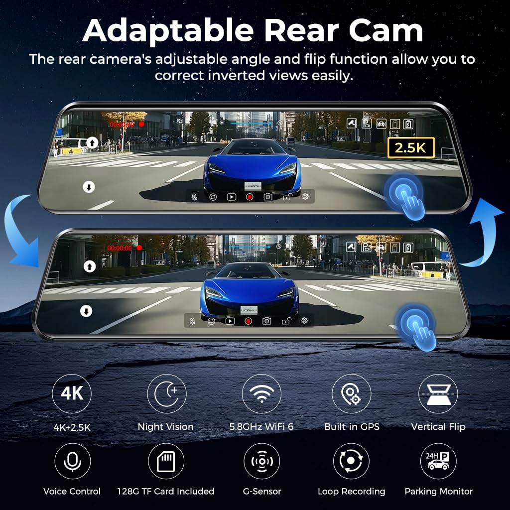 LD4K Max Mirror Dash Cam with 4K Front and 2.5K Rear Camera, STARVIS 2 Sensor, with ADAS BSD LCA Smart Mode, GPS, G-Sensor, Loop Recording, Parking Monitor, Voice Control, 5.8GHz WiFi,128GB Card