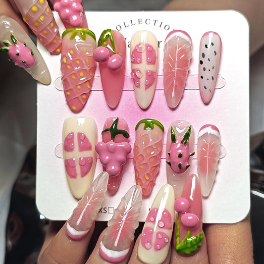 Handmade Acrylic Press On Nails Almond, Long Almond Press On Nails 3D Design, 3D Fruit Strawberry Nails For Women Gift, Reusable Stick On Fake Nails Kit With Nail Glue(Strawberry Fruit Feast-S)