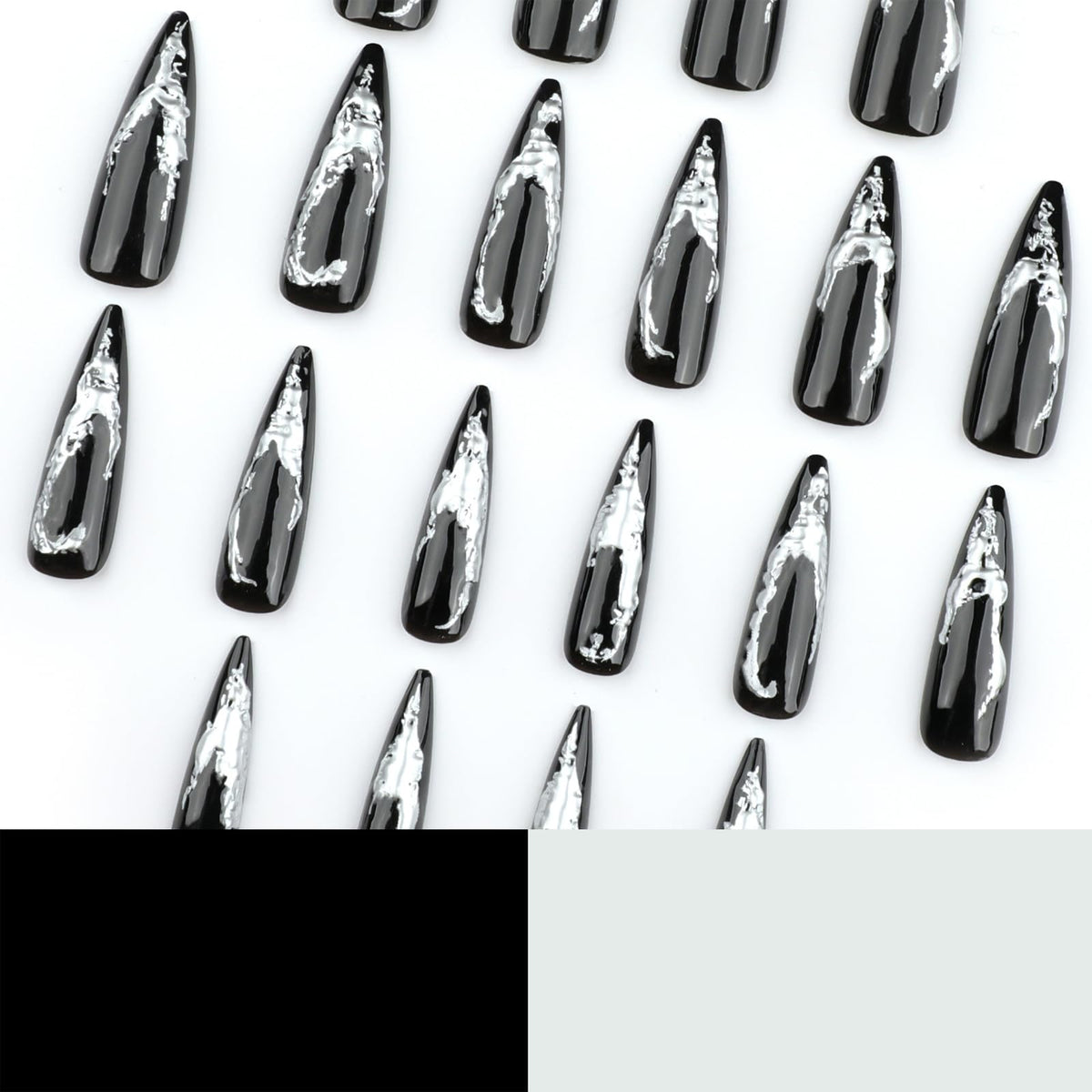 IMSOHOT Press on Nails – 3D Silver Edge, Long Stiletto Fake Nails Black Ombre Glossy Full Cover Reusable Acrylic Glue on Nails Y2K Goth Gel False Nails