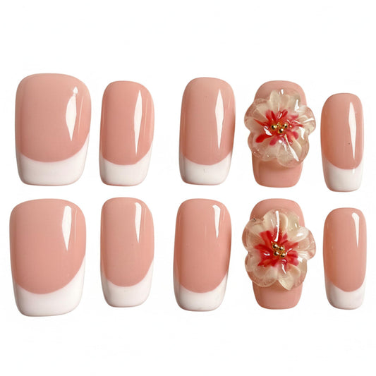 Handmade Press On Nails Square short m Soft Blossom French Handmade Nails 3d Floral Reusable Wedding Prom And Festival Gift Photograph Handmade Acrylic Press On Nails (Medium)