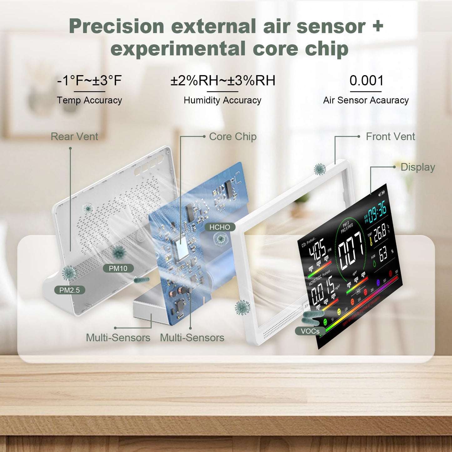 16-in-1 Air Quality Monitor Indoor, 7" Display with 9 AQI Metrics & 7 AQI Alarms, Monitors CO2, PM2.5, PM1.0, PM10, HCHO, TVOC, Temperature, Humidity & AQI, Time, for Home,Office, Car, Plants & Pets