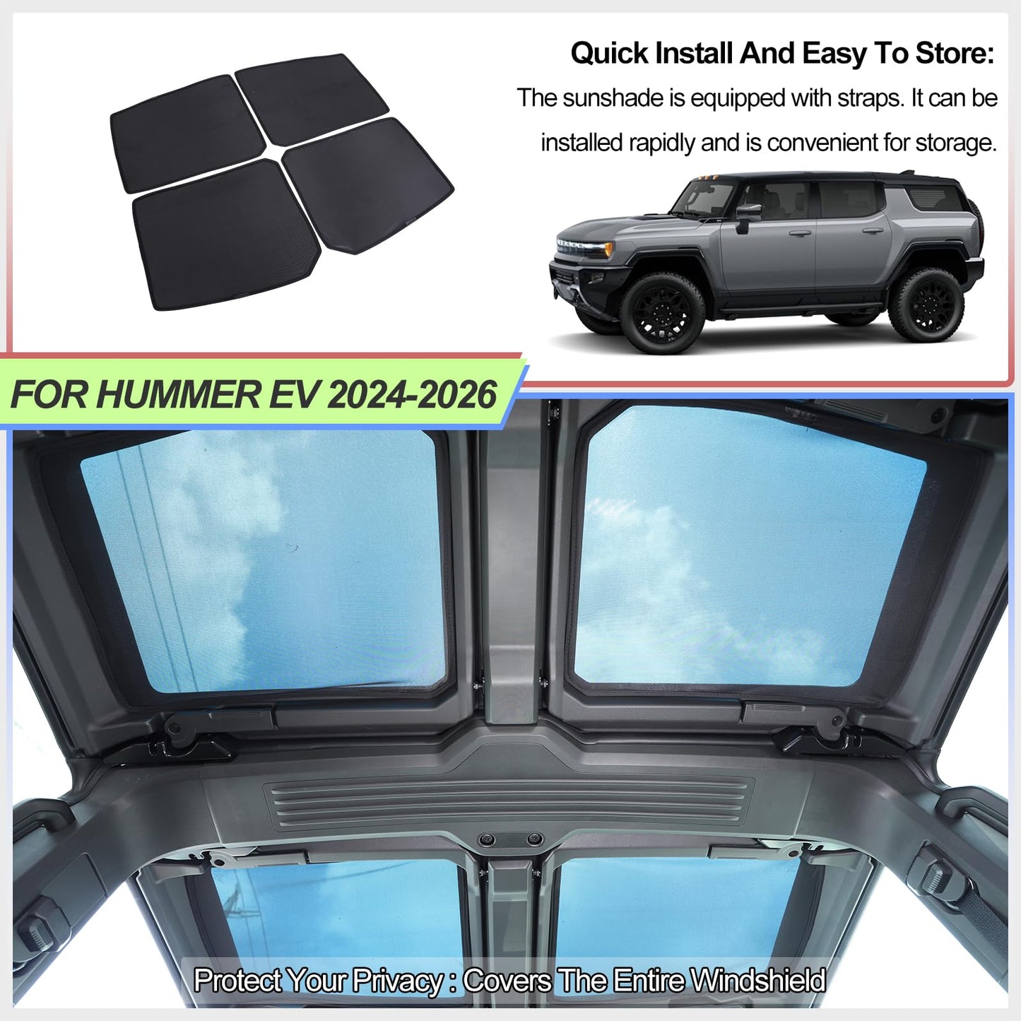 Sunroof Sunshade Breathable Mesh for Hummer EV 2024-2026 Accessories Roof Screen Mosquito Net UV Blocker Sun Protector Glare HeatShield Moonroof Mesh Net Car Roof Cover for Camping2 (Black)
