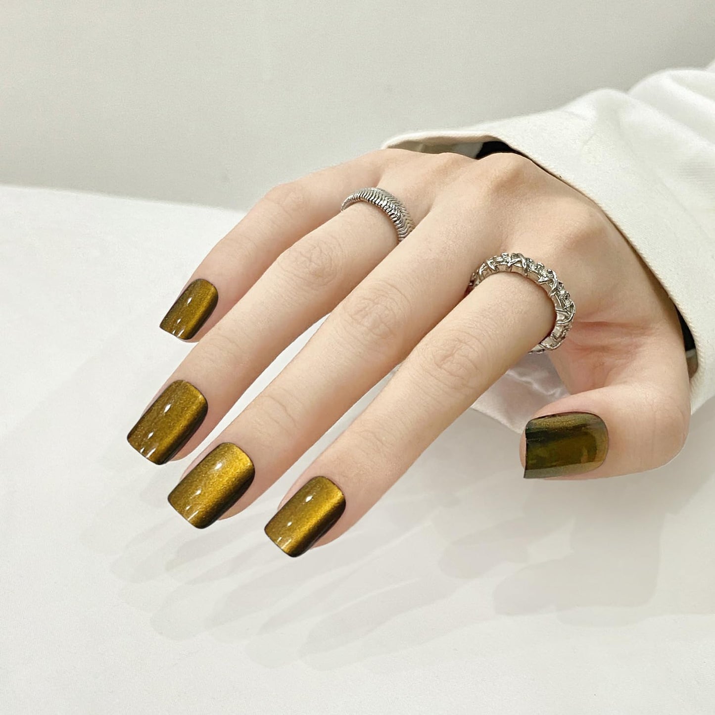 Yellow Cat Eyes Press On Nails,12 Sizes - 24 Pcs Soft Gel Yellow Medium Square Fake Nails Kit with Nail Glue, Natural Reusable Stick On False Nails for Women and Girls (Skycloud Nails) SK0926
