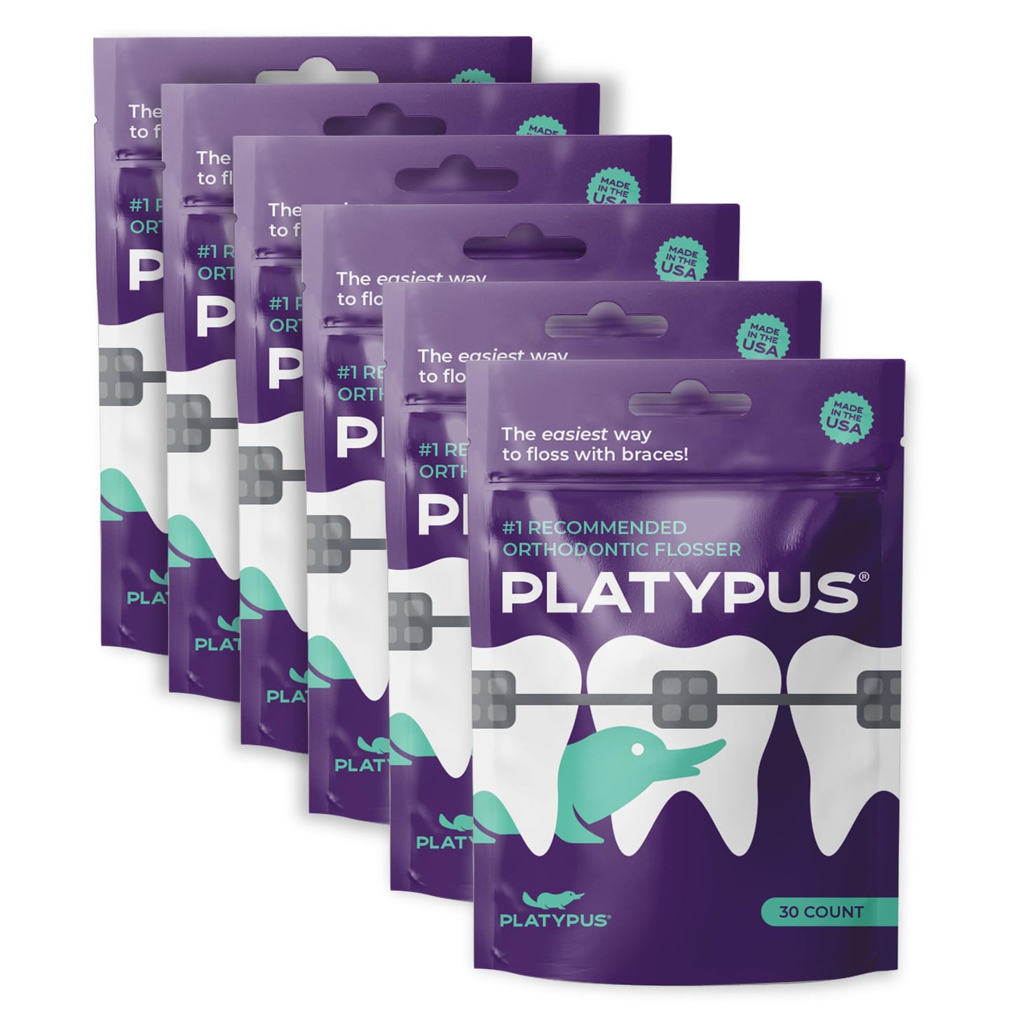 Platypus Orthodontic Flossers for Braces, 30 Count (Pack of 6), Ortho Picks for Adults & Kids, Fits Under Arch Wire, Non-Damaging, Encourage Flossing Habits