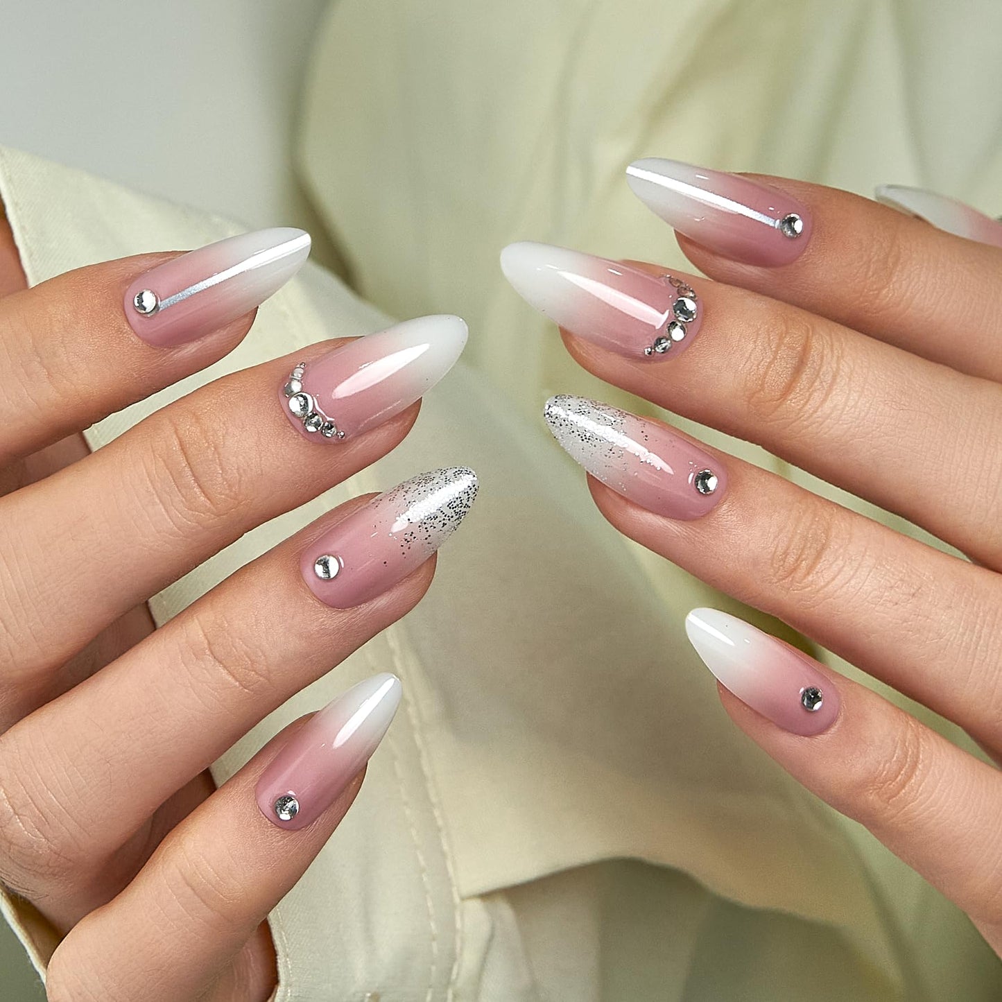 CurvLife Press On Nails Long Almond Pink Ombre French Tip, Soft Gel Glossy Fake Nails, Reusable Durable Salon Look Manicure for Women Teens Beginners, 30pcs, Daily Wear for Work Party