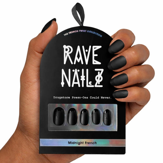 Rave Nailz Midnight French Tip Press On Nails (24 Count) | Matte Black 3D False Oval Press On Nail Short with Glossy Tip | Chip-Resistant Fake Nails with Glue, Includes File, Long-Lasting 2+ Weeks