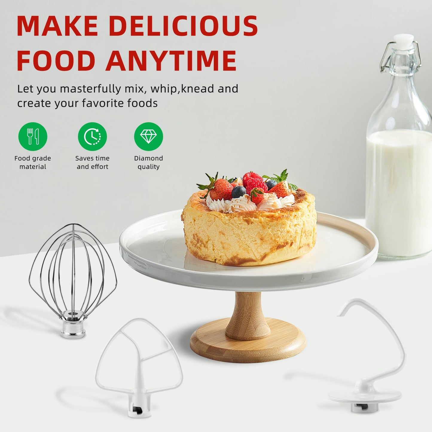 Stand Mixer Attachments K45WW Stainless Steel Wire Whip K45DH Dough Hook K45B Coated Flat Blade Paddle for 4.5-5.0 QT Kitchen Tilt-Head Stand Mixer K45 KSM75 KSM90 KSM95 KSM110 Series by Fetechmate