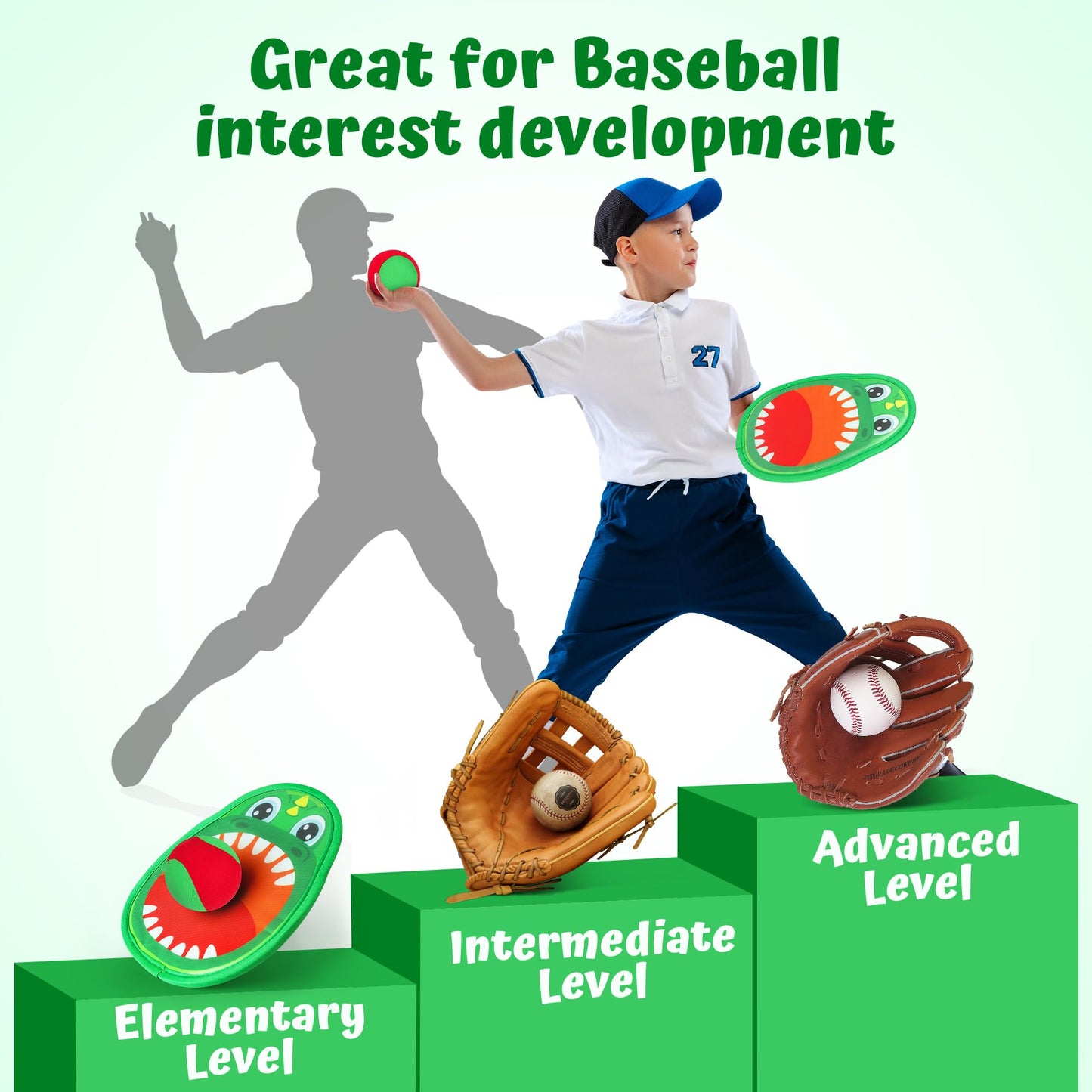 Billeeit 10.6 In Big Dinosaur Toss and Catch Ball Set, Catch Game Toys for Kids 3 4 5 6 7 8 9 10, Outdoor Yard Games Beach Toys for Family Outside Activities w/4 Big Rackets, 4 Balls, 1 Drawstring Bag