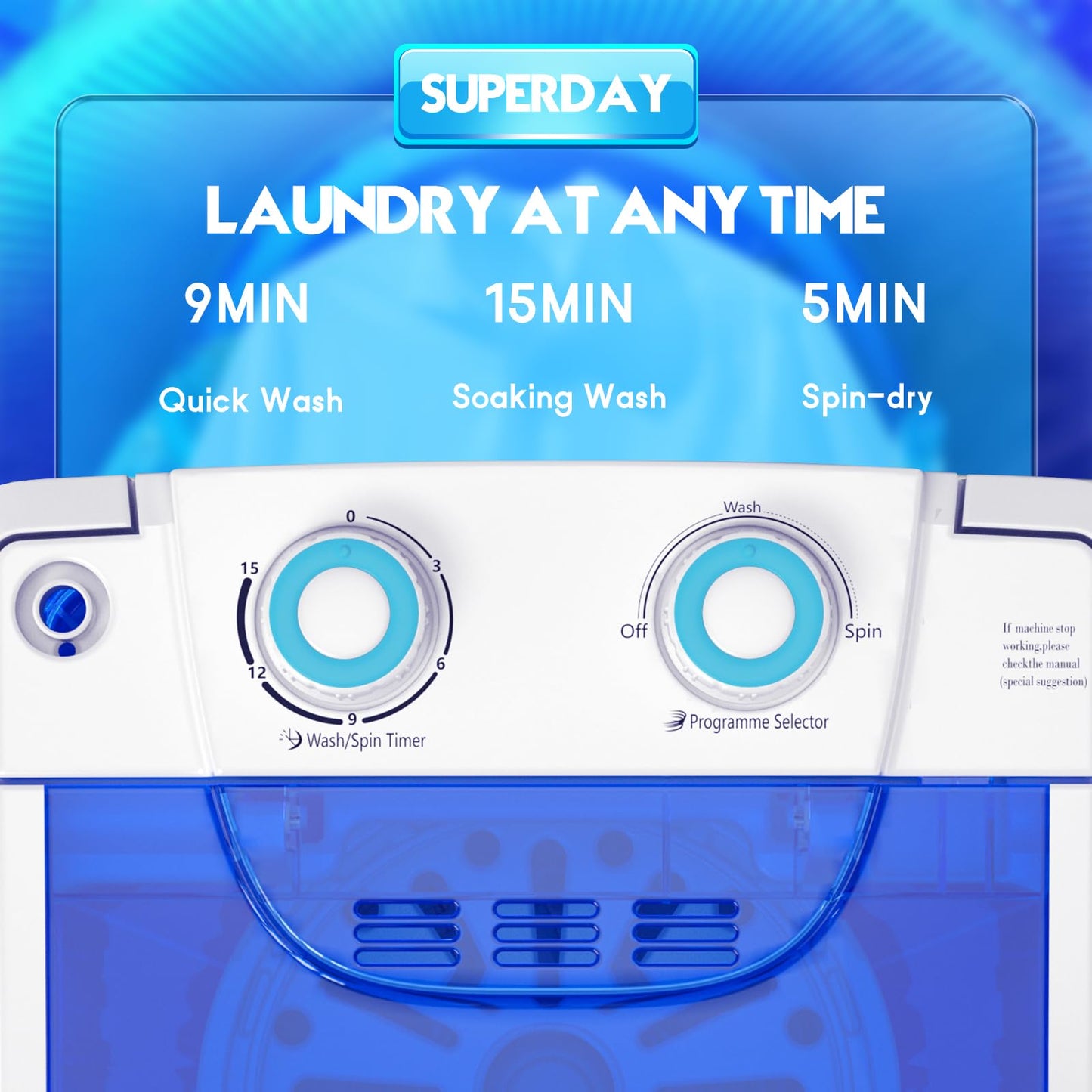 Superday 11LBS Portable Washing Machine, Single Tub Compact Washing Machine with Spin Cycle& Blue Light, Mini Washing Machine for Shoes&Clothes, Portable Washer for Home, Apartments, Outdoor, RV, Blue